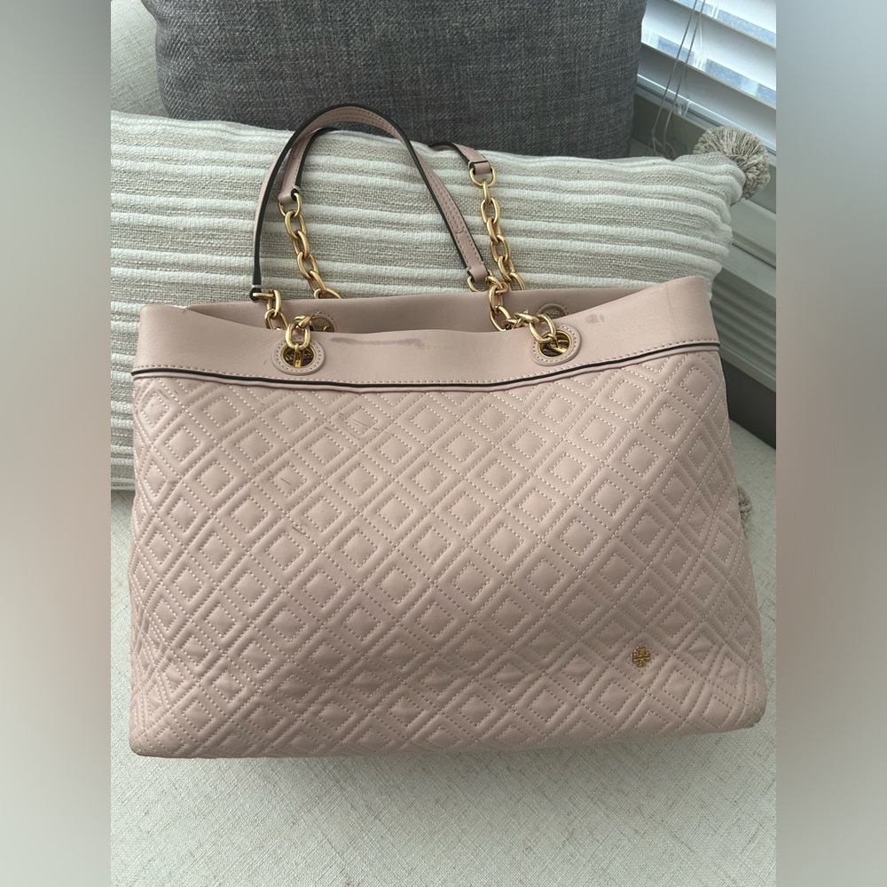 Tory Burch Fleming shell pink Napa leather quilted chain tote